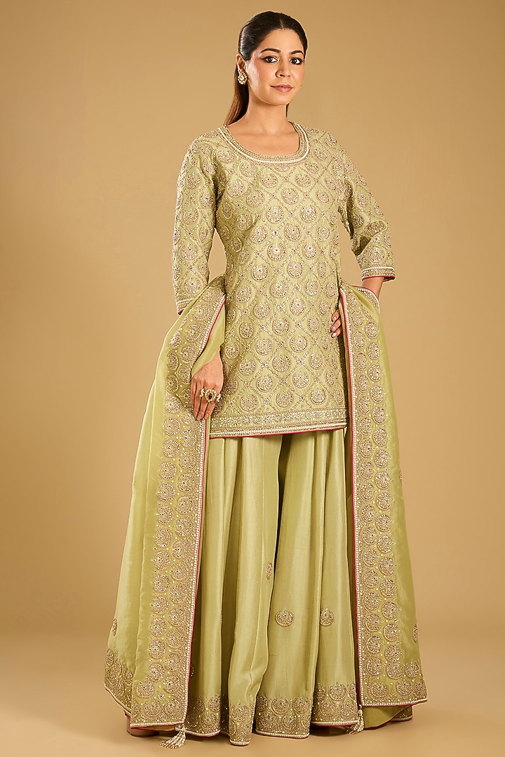 Pista Green Dupion Bridal Sharara Set by Faabiiana at Pernia's Pop Up Shop