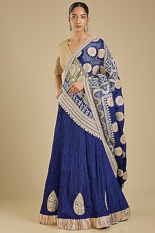 Navy Blue Silk Lehenga Set by Faabiiana