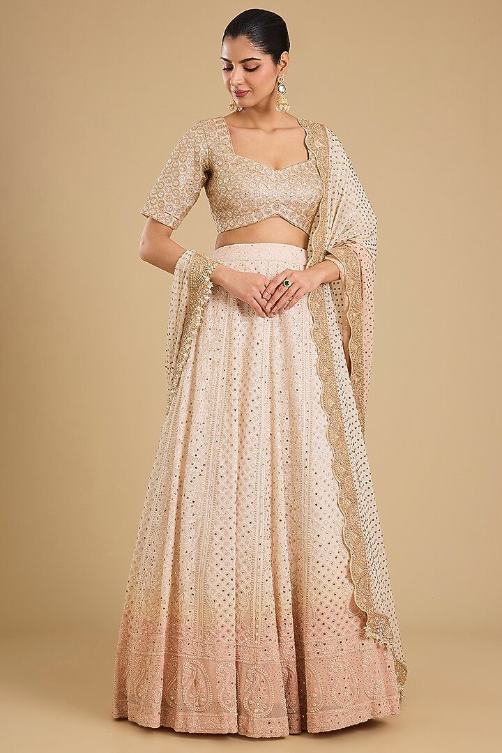 Ivory & Peach Georgette Chikankari Embroidered Bridal Lehenga Set by Faabiiana at Pernia's Pop Up Shop