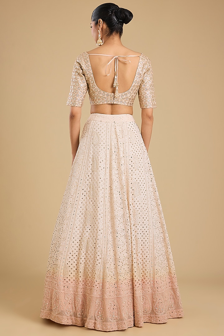 Ivory & Peach Georgette Chikankari Embroidered Bridal Lehenga Set by Faabiiana at Pernia's Pop Up Shop