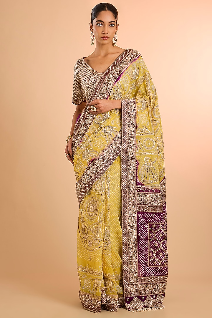Yellow Banarasi Georgette Bandhani Bridal Saree Set by Faabiiana at Pernia's Pop Up Shop