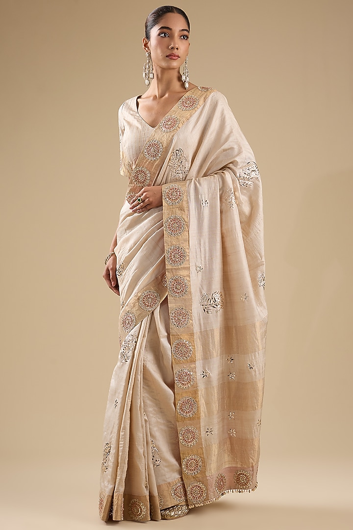 Ivory Munga Silk Embroidered Bridal Saree Set by Faabiiana at Pernia's Pop Up Shop