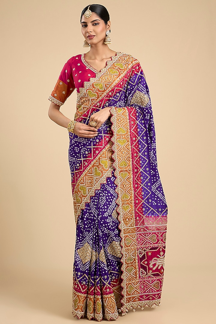 Purple Bandhani Silk Patola Printed Bridal Saree Set by Faabiiana at Pernia's Pop Up Shop
