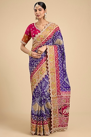 Purple Bandhani Silk Patola Printed Saree Set by Faabiiana