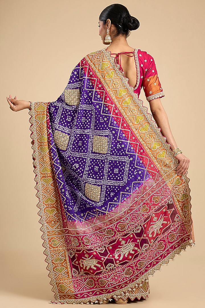 Purple Bandhani Silk Patola Printed Bridal Saree Set by Faabiiana at Pernia's Pop Up Shop