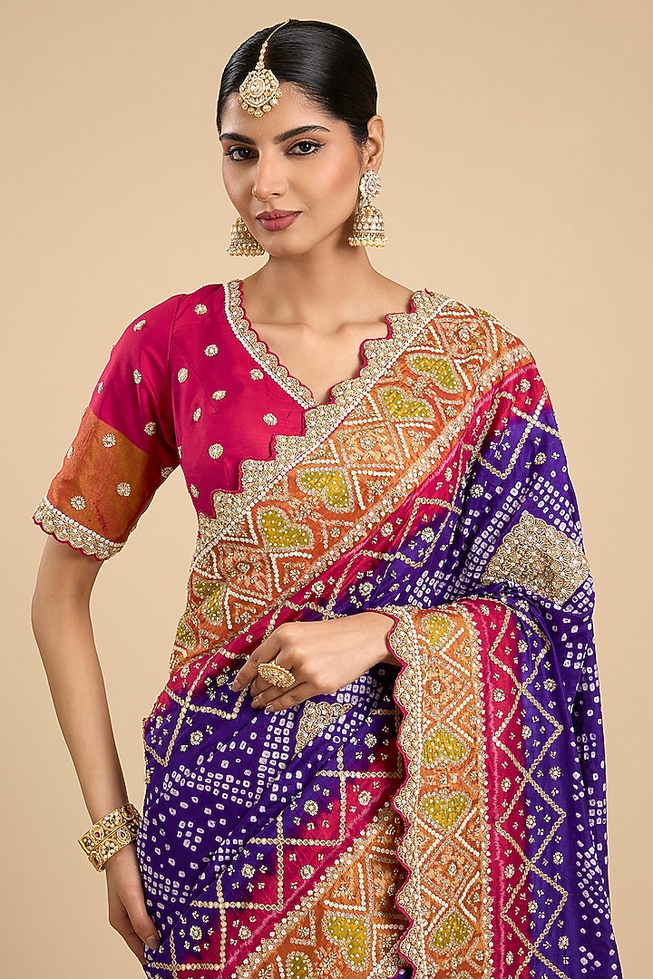 Purple Bandhani Silk Patola Printed Bridal Saree Set by Faabiiana at Pernia's Pop Up Shop