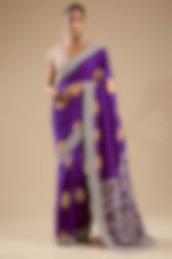 Purple Silk Printed & Embroidered Bridal Saree Set by Faabiiana at Pernia's Pop Up Shop
