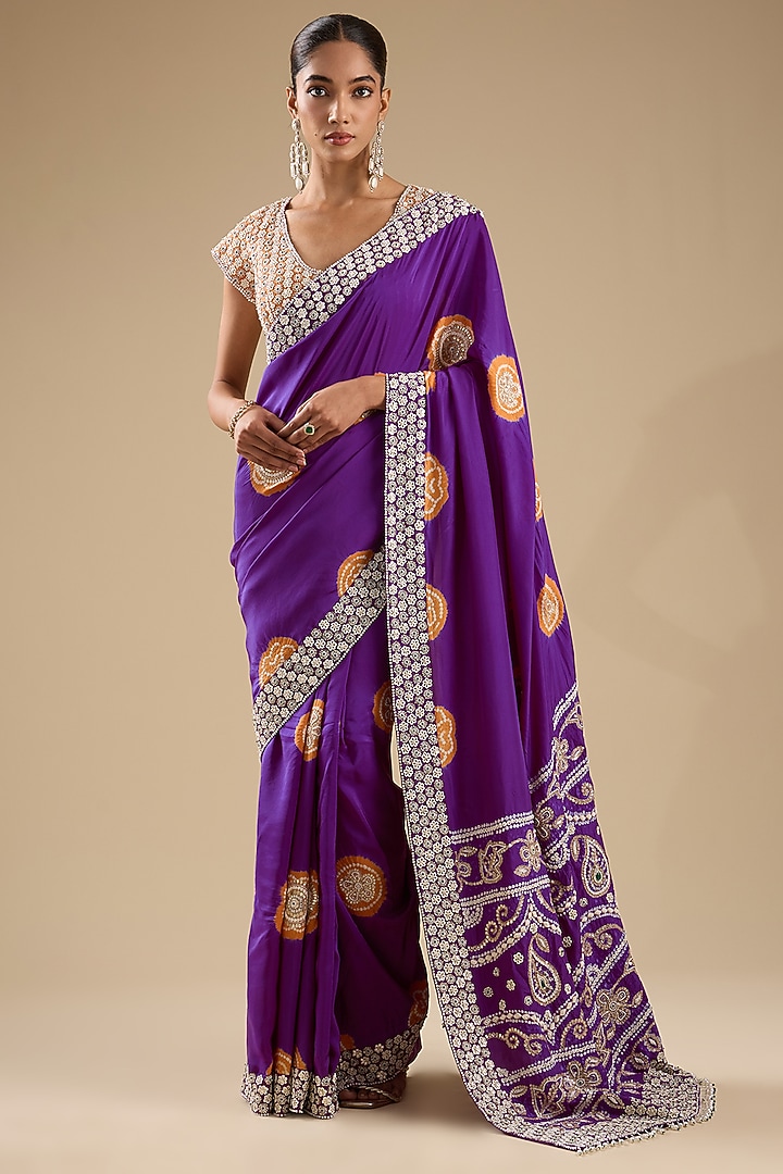 Purple Silk Printed & Embroidered Bridal Saree Set by Faabiiana at Pernia's Pop Up Shop