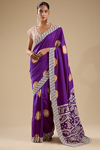 Purple Silk Printed & Embroidered Saree Set by Faabiiana