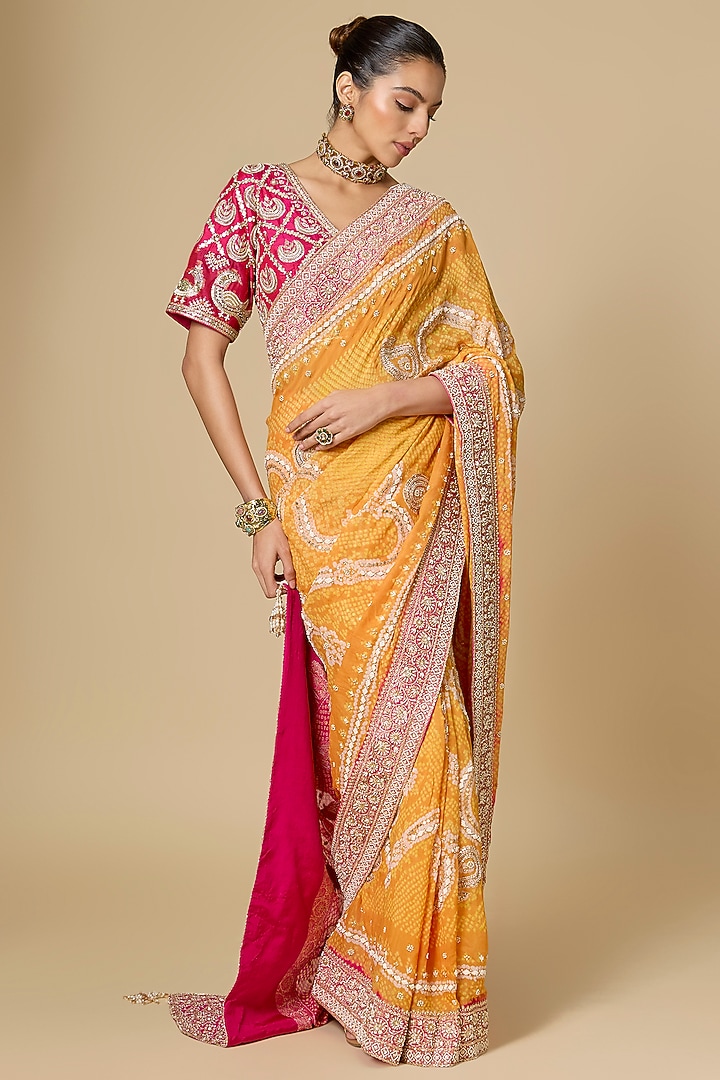 Orange & Rani Pink Georgette Bridal Saree Set by Faabiiana at Pernia's Pop Up Shop