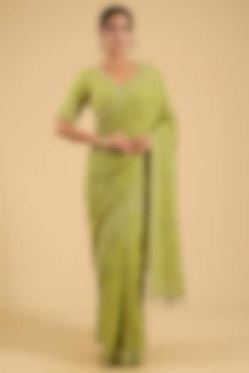 Mehendi Green Georgette Chikankari Embroidered Bridal Saree Set by Faabiiana at Pernia's Pop Up Shop