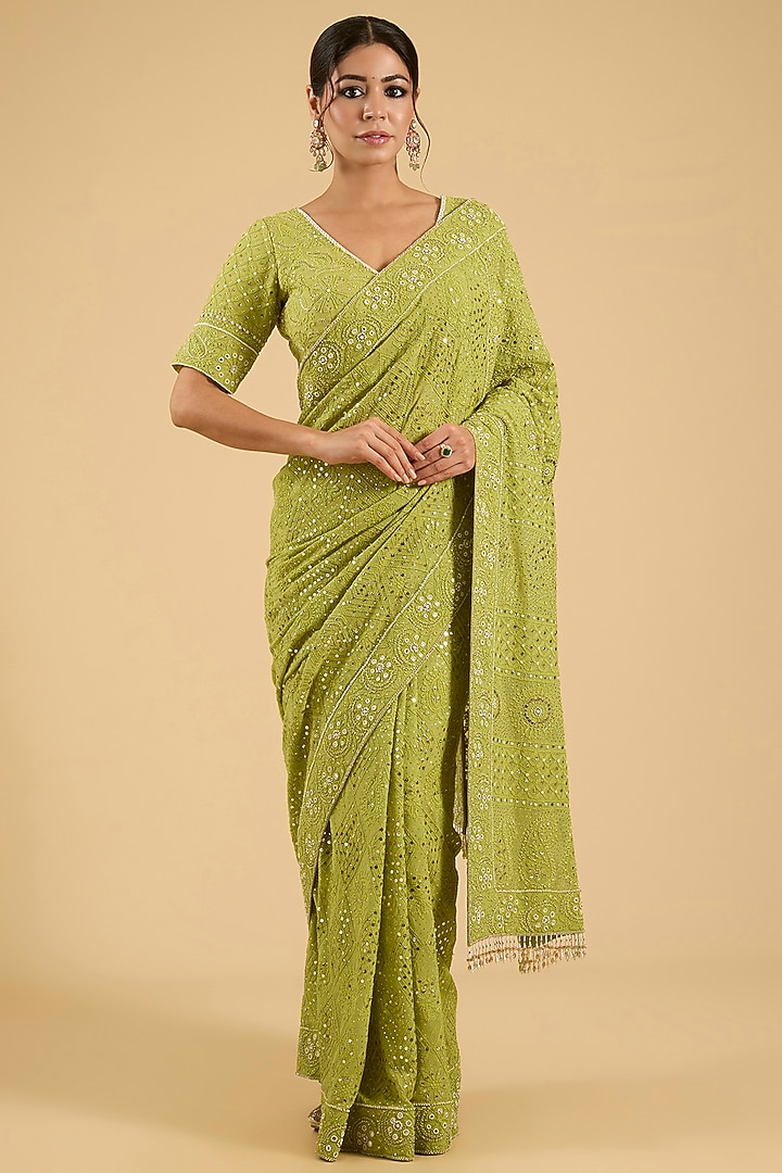 Mehendi Green Georgette Chikankari Embroidered Bridal Saree Set by Faabiiana at Pernia's Pop Up Shop