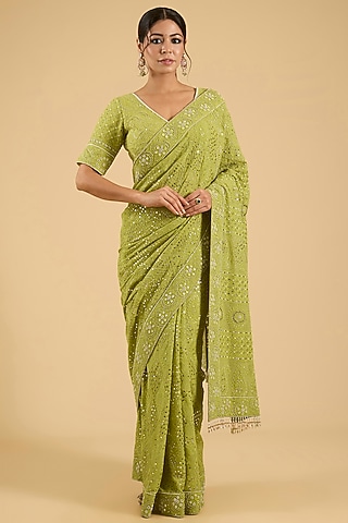 Mehendi Green Georgette Chikankari Embroidered Saree Set by Faabiiana