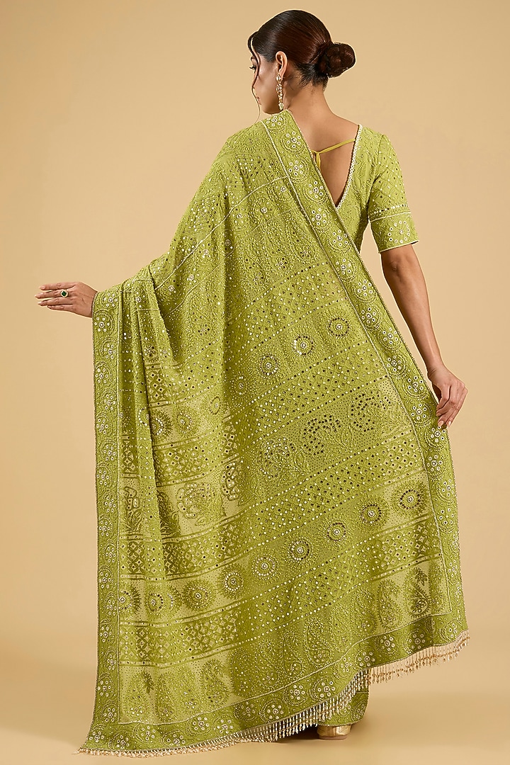Mehendi Green Georgette Chikankari Embroidered Bridal Saree Set by Faabiiana at Pernia's Pop Up Shop