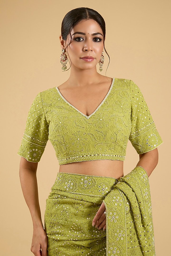 Mehendi Green Georgette Chikankari Embroidered Bridal Saree Set by Faabiiana at Pernia's Pop Up Shop