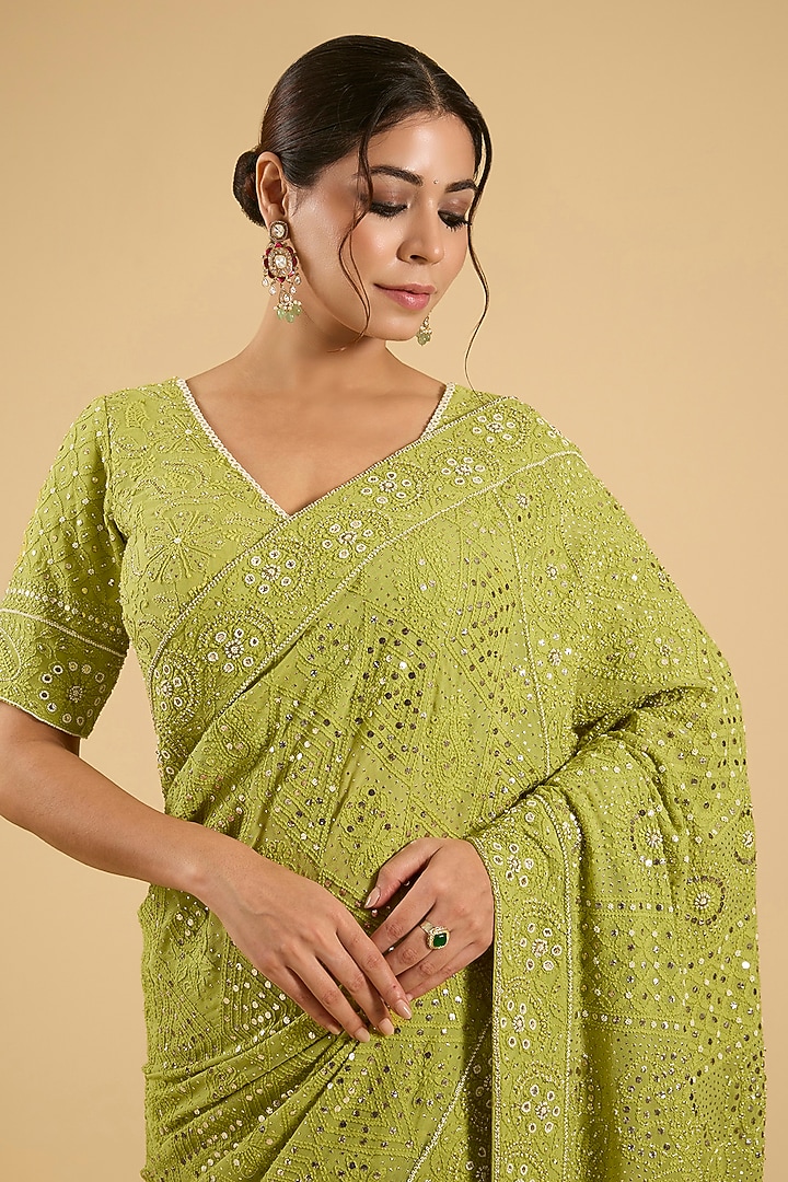 Mehendi Green Georgette Chikankari Embroidered Bridal Saree Set by Faabiiana at Pernia's Pop Up Shop