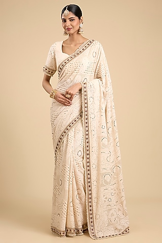 Ivory Chikankari Mukesh Work Saree Set by Faabiiana