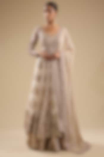 Peach Net Embroidered Bridal Anarkali Set by Faabiiana at Pernia's Pop Up Shop