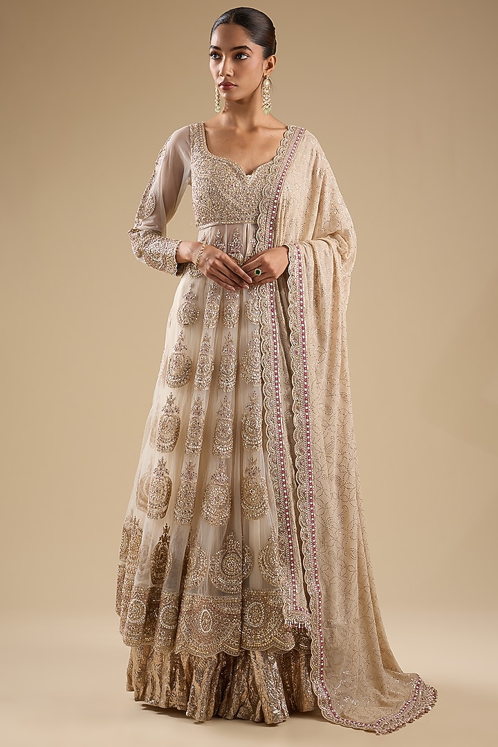 Peach Net Embroidered Bridal Anarkali Set by Faabiiana at Pernia's Pop Up Shop