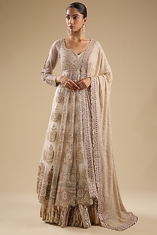 Peach Net Embroidered Anarkali Set by Faabiiana