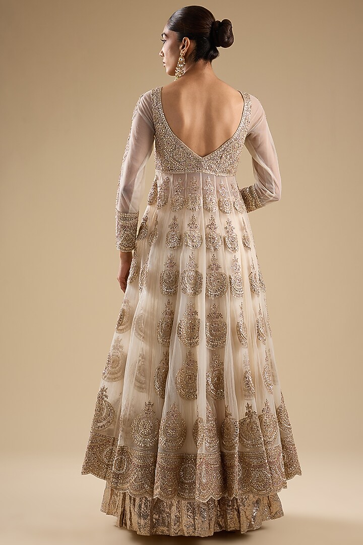 Peach Net Embroidered Bridal Anarkali Set by Faabiiana at Pernia's Pop Up Shop
