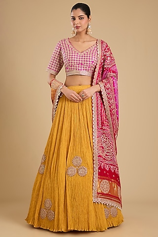Mustard Yellow Silk Lehenga Set by Faabiiana