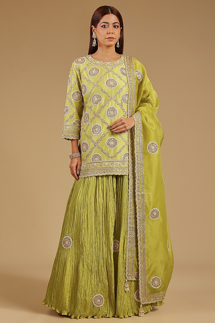 Pista Green Silk Embroidered Bridal Sharara Set by Faabiiana at Pernia's Pop Up Shop
