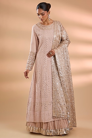 Peach Chikankari Anarkali Set by Faabiiana