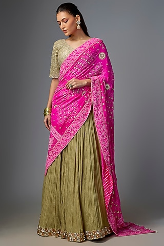 Pista Green Cotton Lehenga Saree Set by Faabiiana
