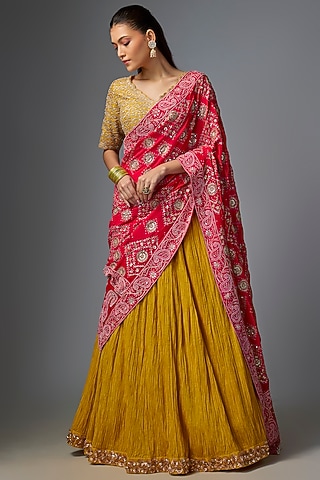 Red Cotton Lehenga Saree Set by Faabiiana
