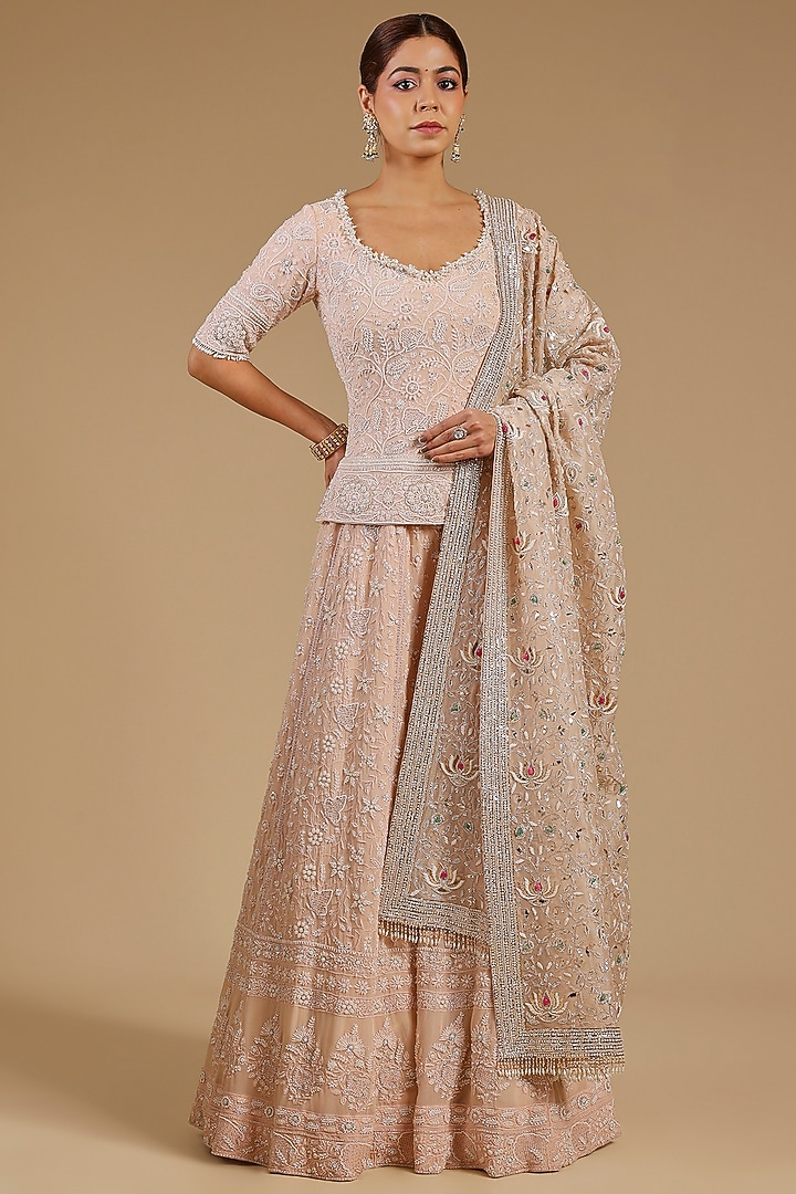 Onion Pink Georgette Chikankari Embroidered Bridal Lehenga Set by Faabiiana at Pernia's Pop Up Shop