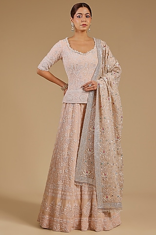 Onion Pink Georgette Chikankari Embroidered Lehenga Set by Faabiiana