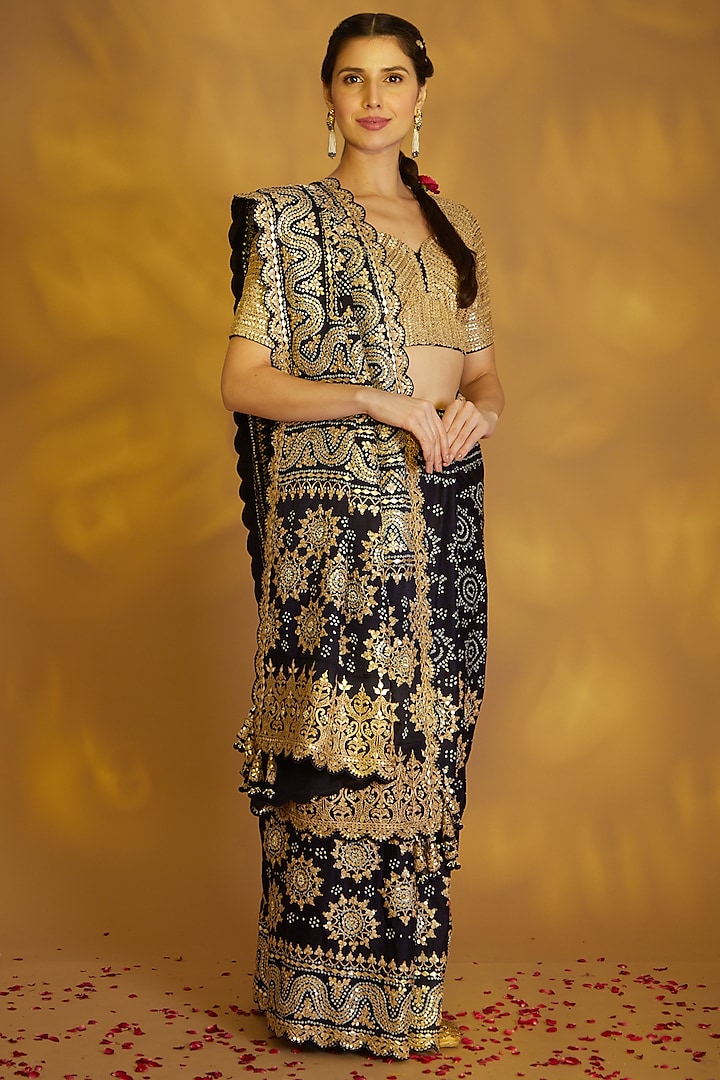 Black Embroidered Bandhej Saree Set by Faabiiana