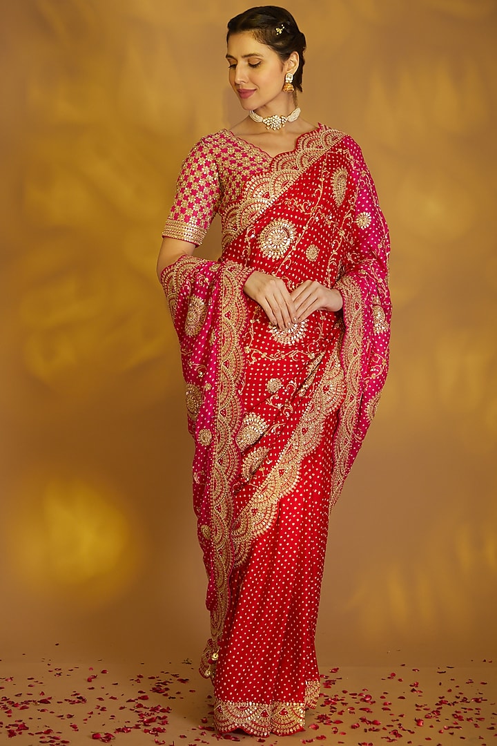 Red Embroidered Bandhej Saree Set by Faabiiana
