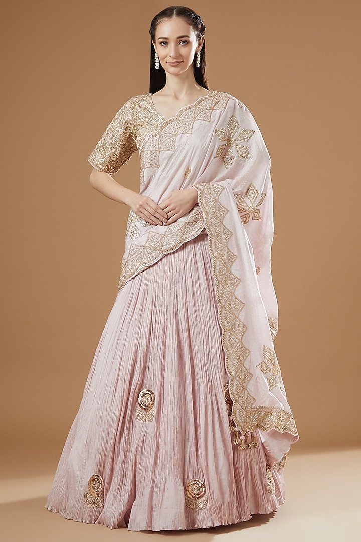 Blush Pink Crushed Silk Lehenga Saree Set by Faabiiana