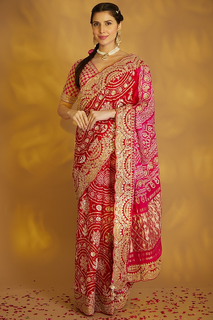 Red & Rani Pink Embroidered Saree Set by Faabiiana