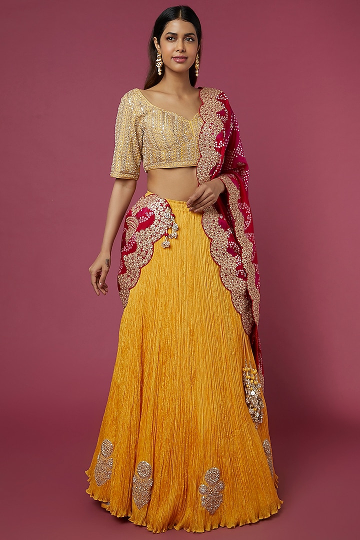 Yellow Crushed Silk Bridal Lehenga Set by Faabiiana at Pernia's Pop Up Shop