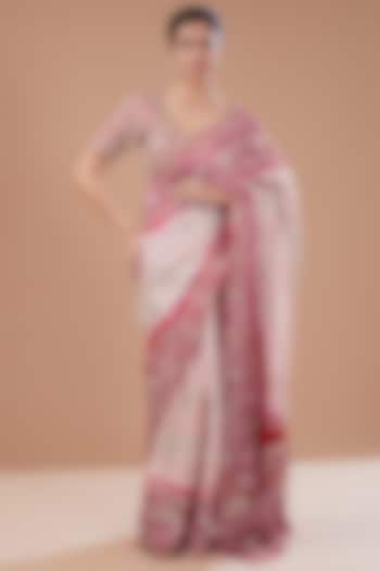 Red & Pink Silk Bandhani Saree Set by Faabiiana