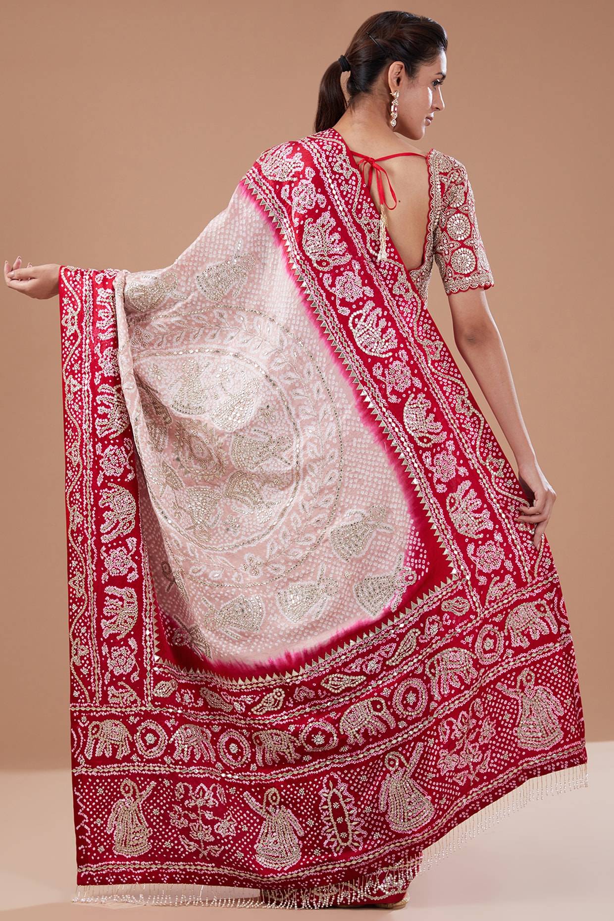 Buy Deep Pink Ajrakh Bandhani Saree Online – Vasansi Jaipur