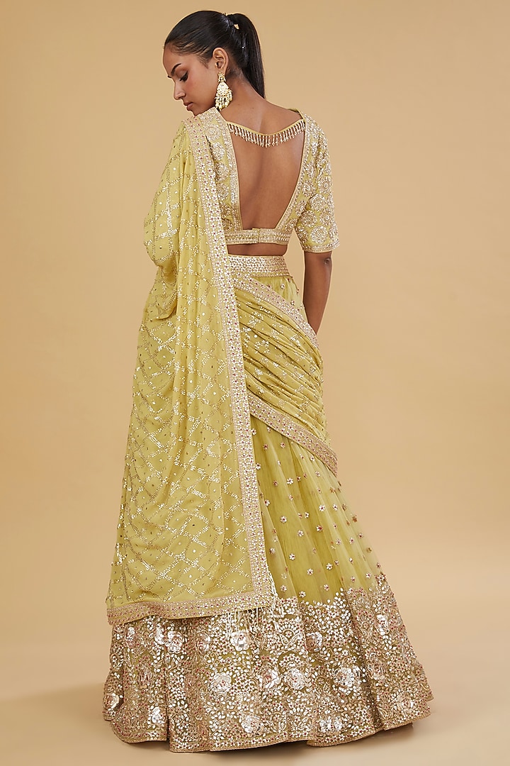 Yellow Crushed Silk & Chikankari Bridal Lehenga Saree Set by Faabiiana at Pernia's Pop Up Shop
