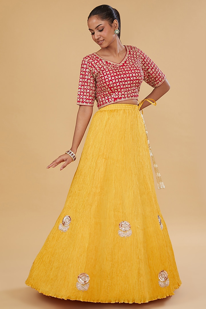Mustard Crushed Silk Bridal Lehenga Set by Faabiiana at Pernia's Pop Up Shop