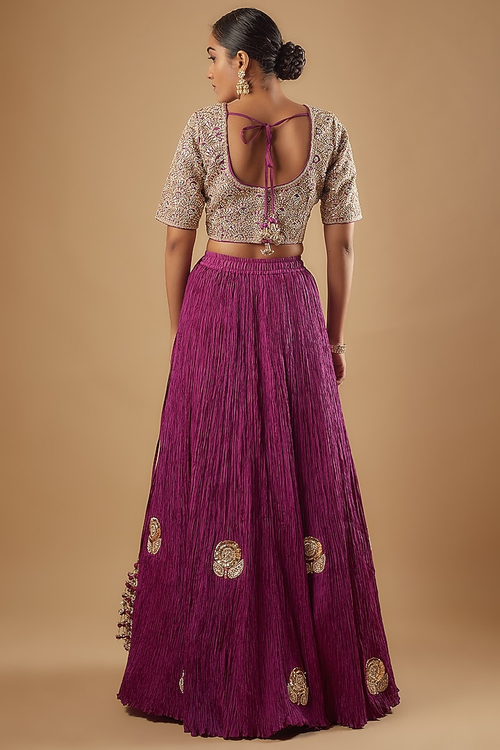 Purple Silk Mukaish & Pearl Embroidered Bridal Lehenga Set by Faabiiana at Pernia's Pop Up Shop