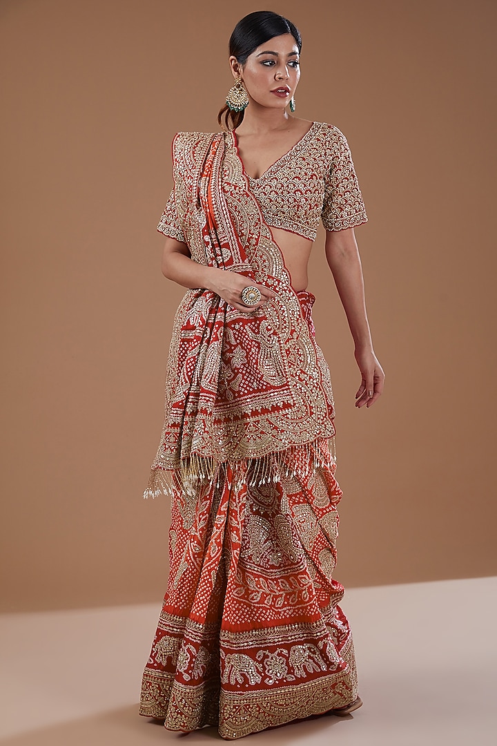 Red-Orange Silk Bandhani Saree Set by Faabiiana