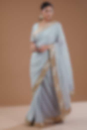 Ice Blue Georgette Mukaish Embroidered Bridal Saree Set by Faabiiana at Pernia's Pop Up Shop