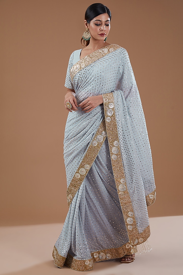 Ice Blue Georgette Mukaish Embroidered Bridal Saree Set by Faabiiana at Pernia's Pop Up Shop