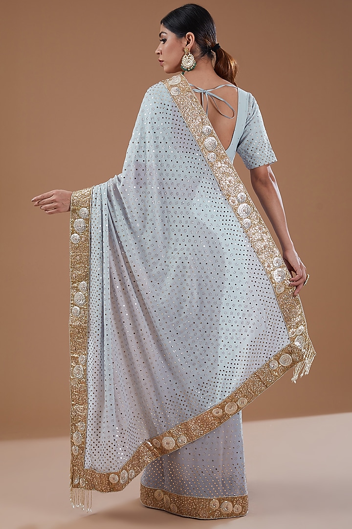 Ice Blue Georgette Mukaish Embroidered Bridal Saree Set by Faabiiana at Pernia's Pop Up Shop
