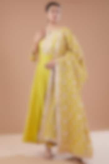lemon Green Chanderi Silk Bridal Anarkali Set by Faabiiana at Pernia's Pop Up Shop