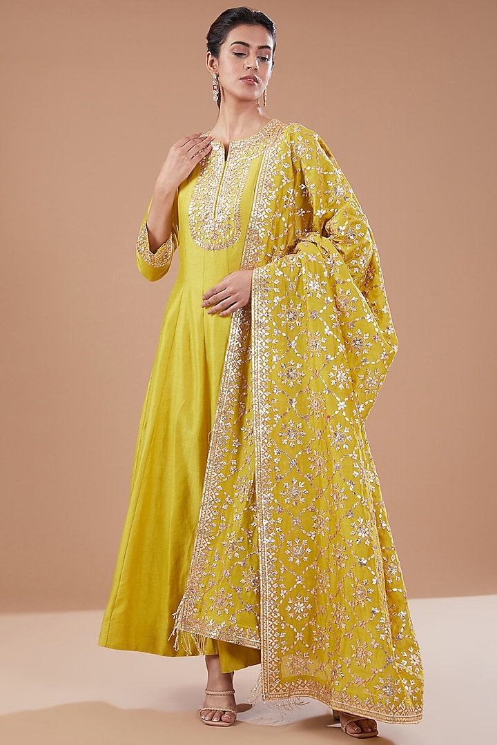 lemon Green Chanderi Silk Bridal Anarkali Set by Faabiiana at Pernia's Pop Up Shop