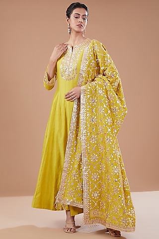 lemon Green Chanderi Silk Anarkali Set by Faabiiana