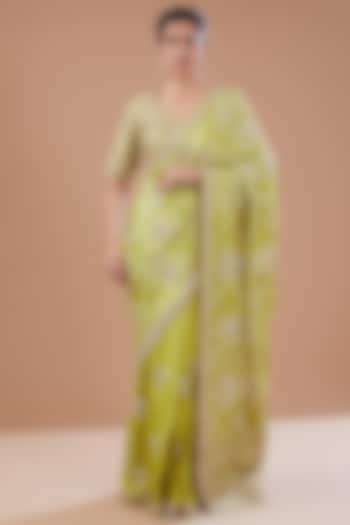 Green Silk Bandhani Saree Set by Faabiiana